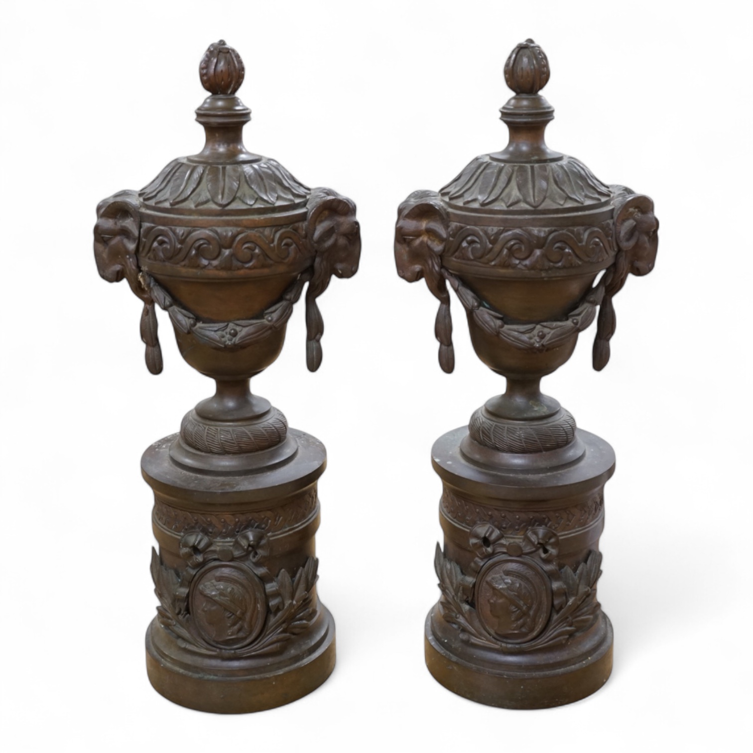 A pair of Grand Tour style bronze rams' head vases, H 55cm W 18cm